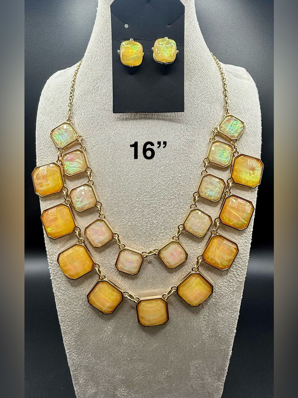 Gold-Tone Yellow Iridescent Statement Necklace & Earrings Set